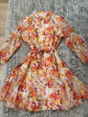 CeCe Spring Floral Button-Front Dress in Pink, Yellow & Cream